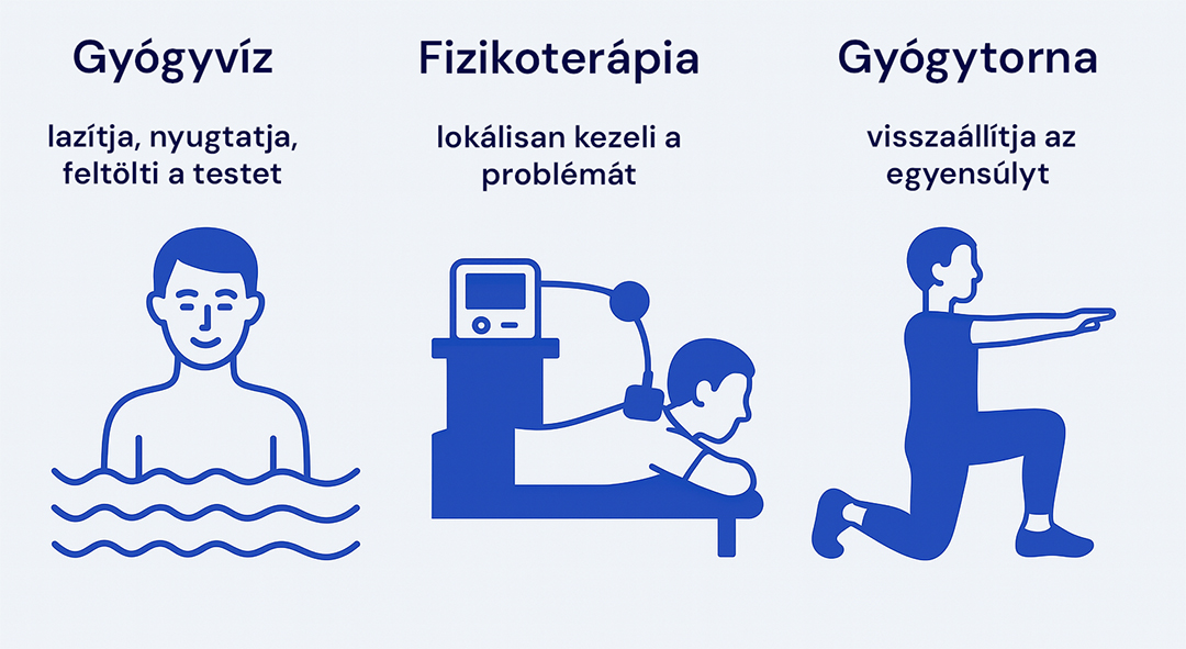 A gyógyvíz, a fizikoterápia és a gyógytorna mesterhármasa.