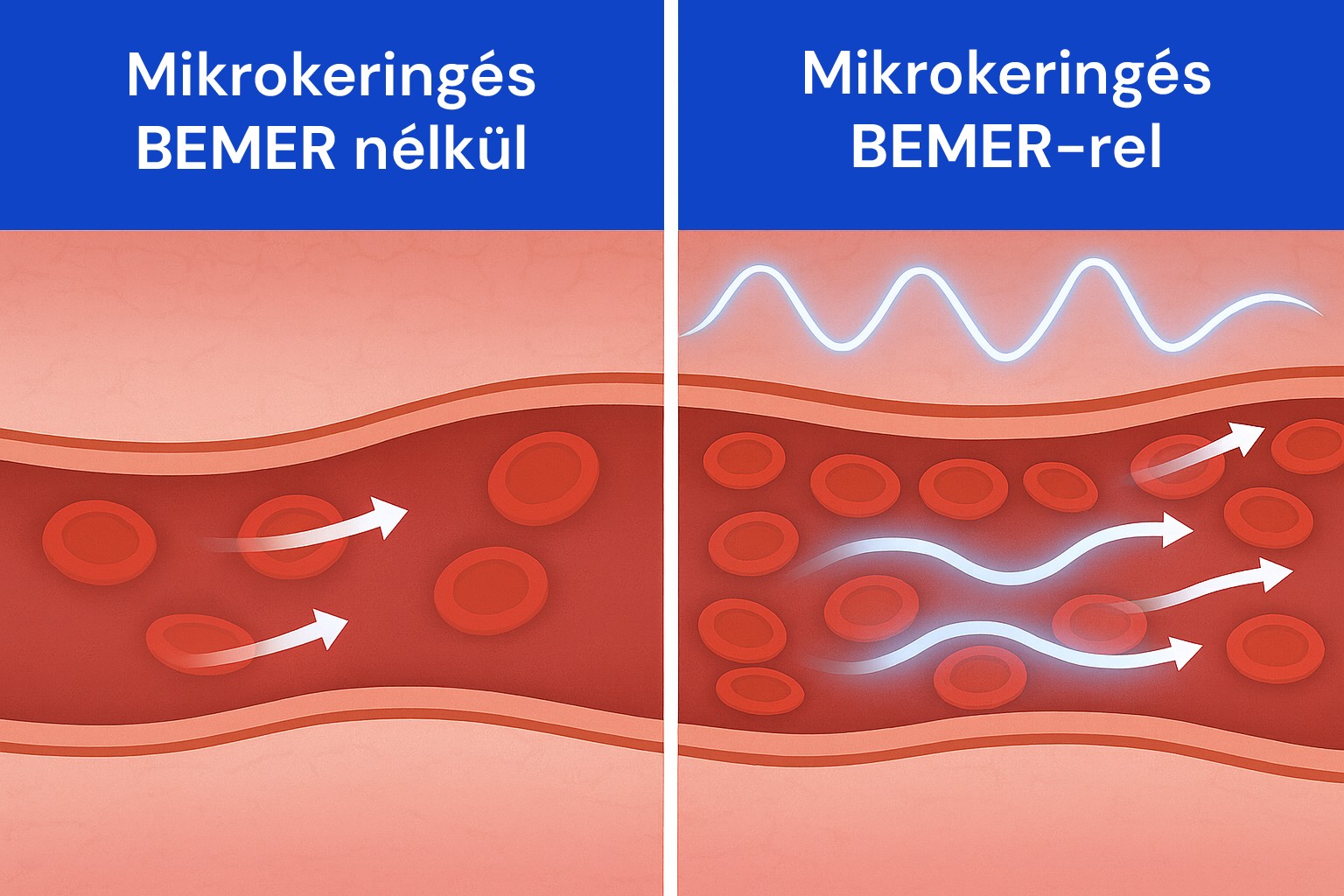 Összehasonlító ábra a mikrokeringésről BEMER nélkül és BEMER-rel – a fizikai érterápia hatása a véráramlásra és a sejtek oxigénellátására.