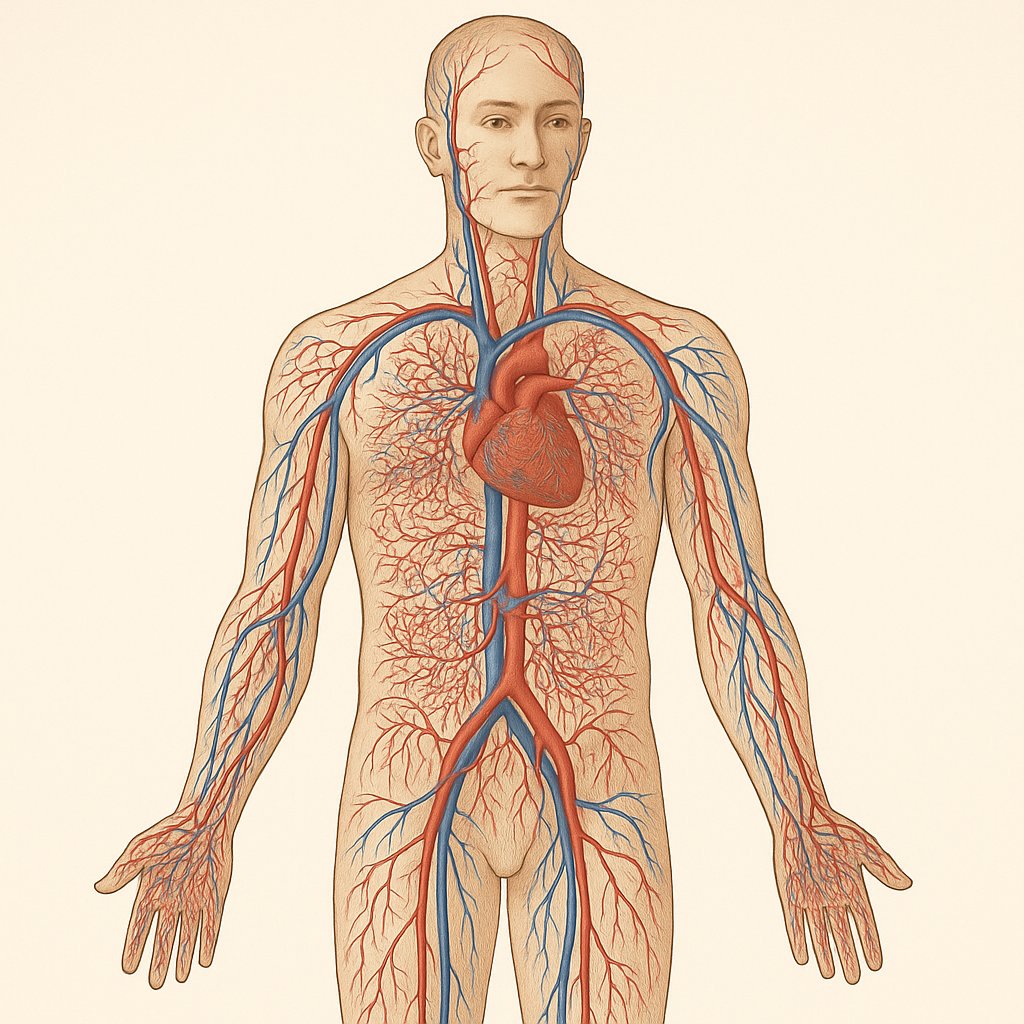 Emberi test keringési rendszere, látható artériákkal, vénákkal és a sűrű mikrokeringési hálózattal– a BEMER terápia által támogatott fizikai érterápia szemléltetése - Medicoproject